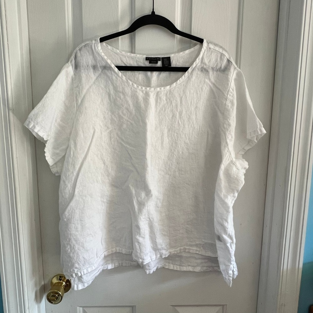 Womens 3XL 100% Linen Tahari White Short Sleeve Scoop Neck Blouse Plus EUC